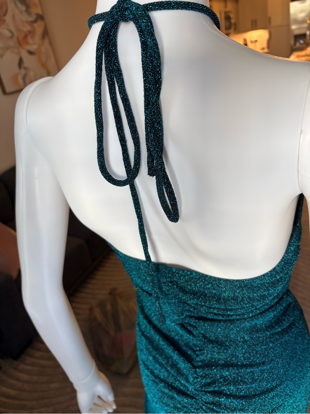 Emerald Green Shimmer Cut Out Maxi Dress Open Back Slit Sexy L - Picture 7 of 13